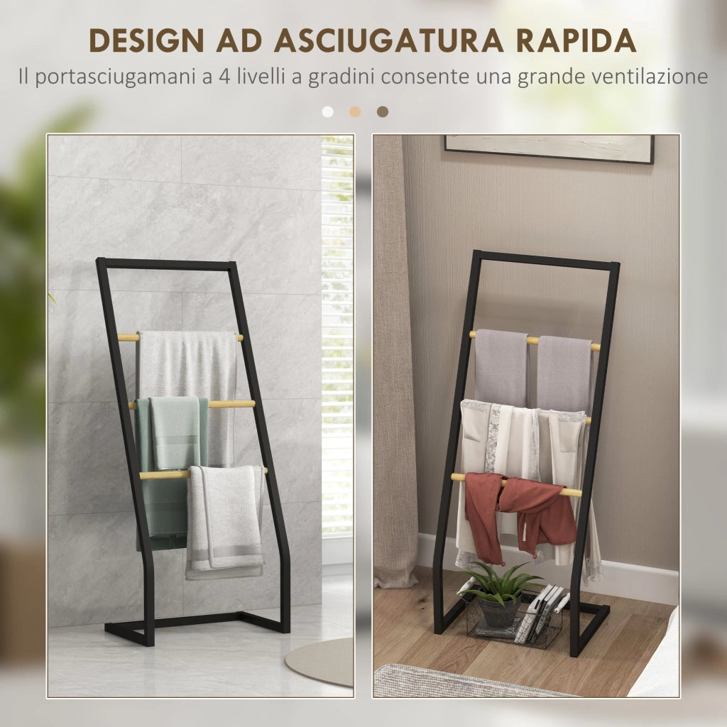 Portasciugamani in Acciaio e Bamb¨´ ¨C zephmum ¨C Nero e Legno 40.5x28x98cm