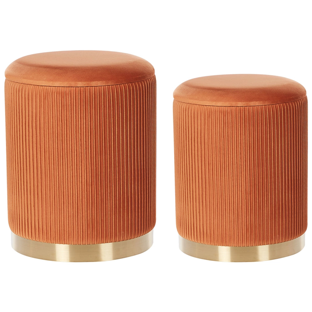 Set di 2 pouf portaoggetti Rivestimento in velluto di poliestere arancione Base dorata Design moderno Ciuffo orizzontale Soggiorno pezzo