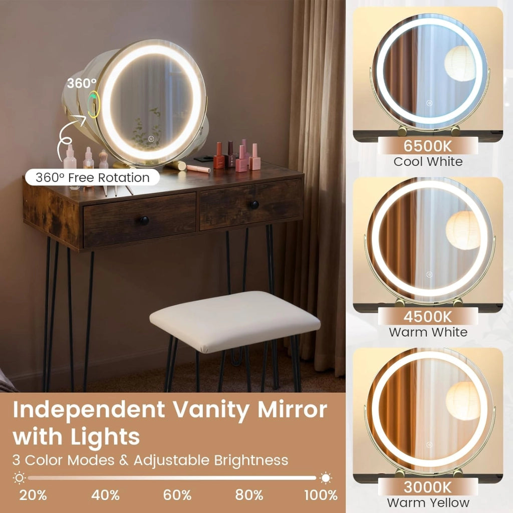 Tavolo da trucco con specchio girevole e luci, tavolo da trucco con sgabello imbottito, stazione di ricarica, 3 colori di illuminazione, luminosità regolabile, 2 cassetti, gambe in metallo per