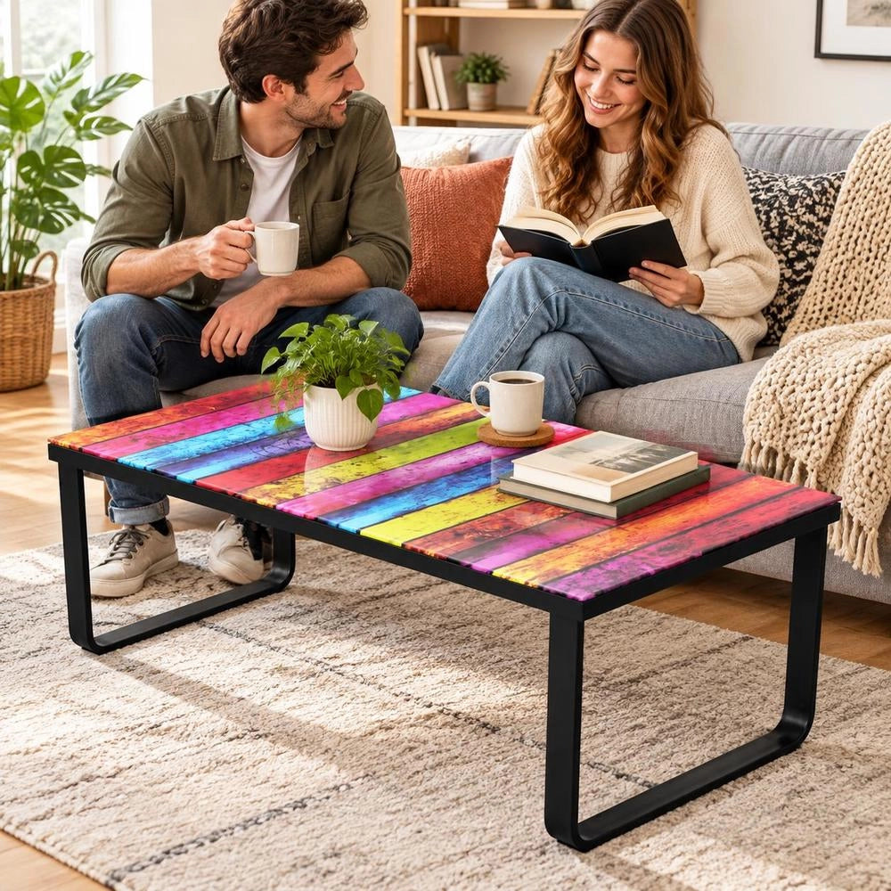 Coffee Table With Glass Top Rainbow Print