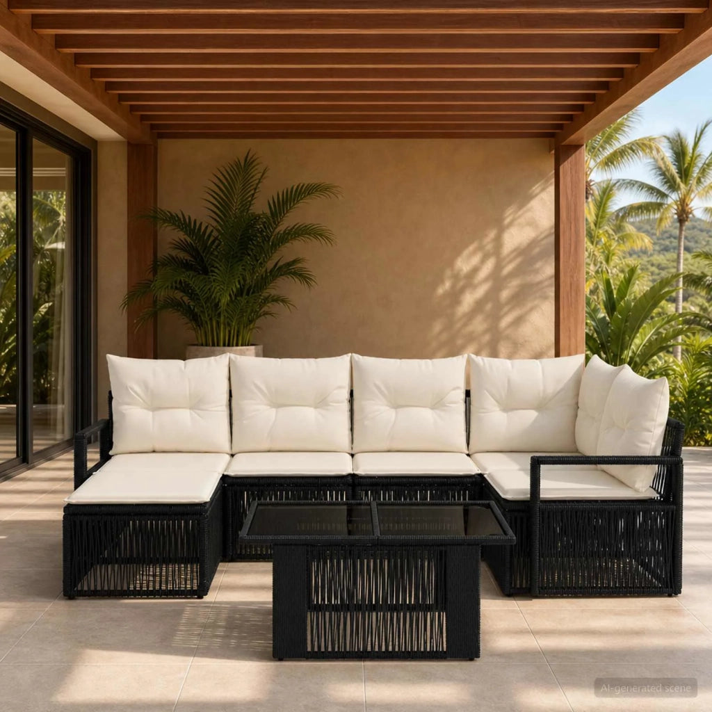 Set Divano da Giardino 7 pz Nero e Bianco Crema polyrattan 3437128