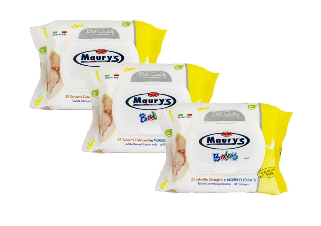 MAURY'S SALVIETTE DETERGENTI UMIDIFICATE PER BAMBINI BABY 25PZ ALOE VERA VITAMINA E BEST QUALITY