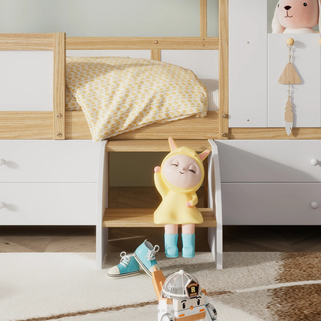 Letto per bambini a casetta semialto con 4 cassetti e scaletta 90x200 cm