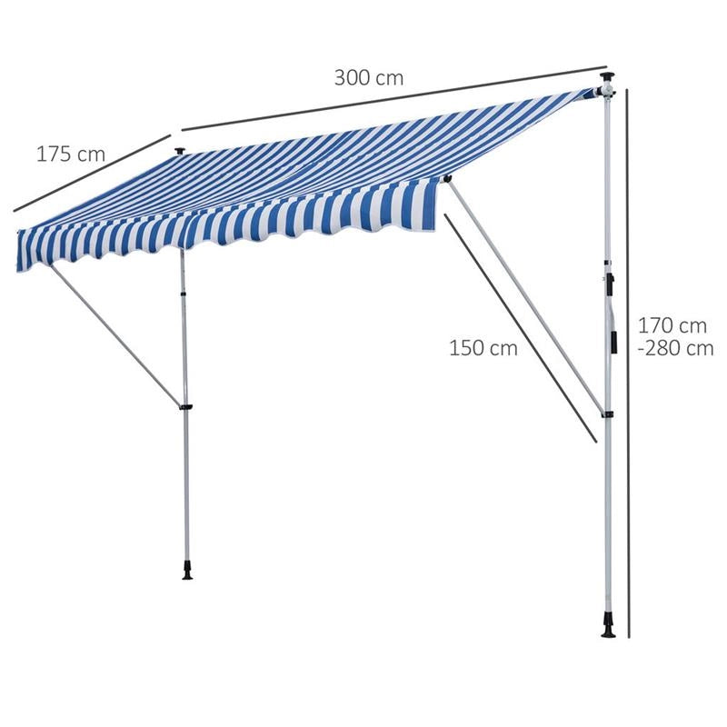 TENDA DA SOLE A BRACCI CON MANOVELLA 300 X 150 CM RIGHE BIANCHE E BLU