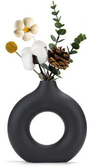 Vasi ceramici in forma di donut in stile boho scandinavo per arredamento moderno - vaso rotondo opaco per pampas in stile neutro e minimalista (grande)