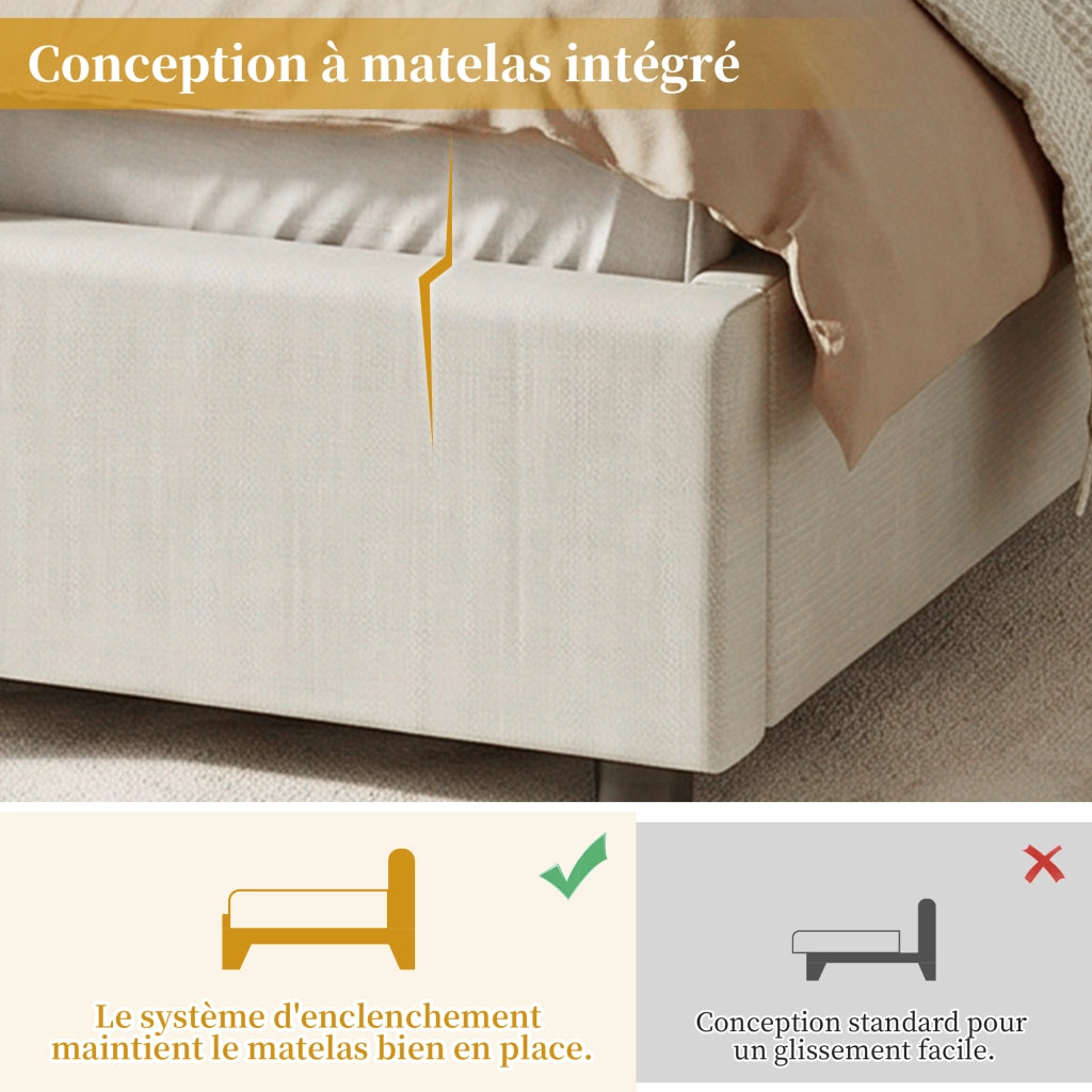 Letto singolo 90 × 200 cm con testiera imbottita a nuvola in lino beige e rete a doghe inclusa