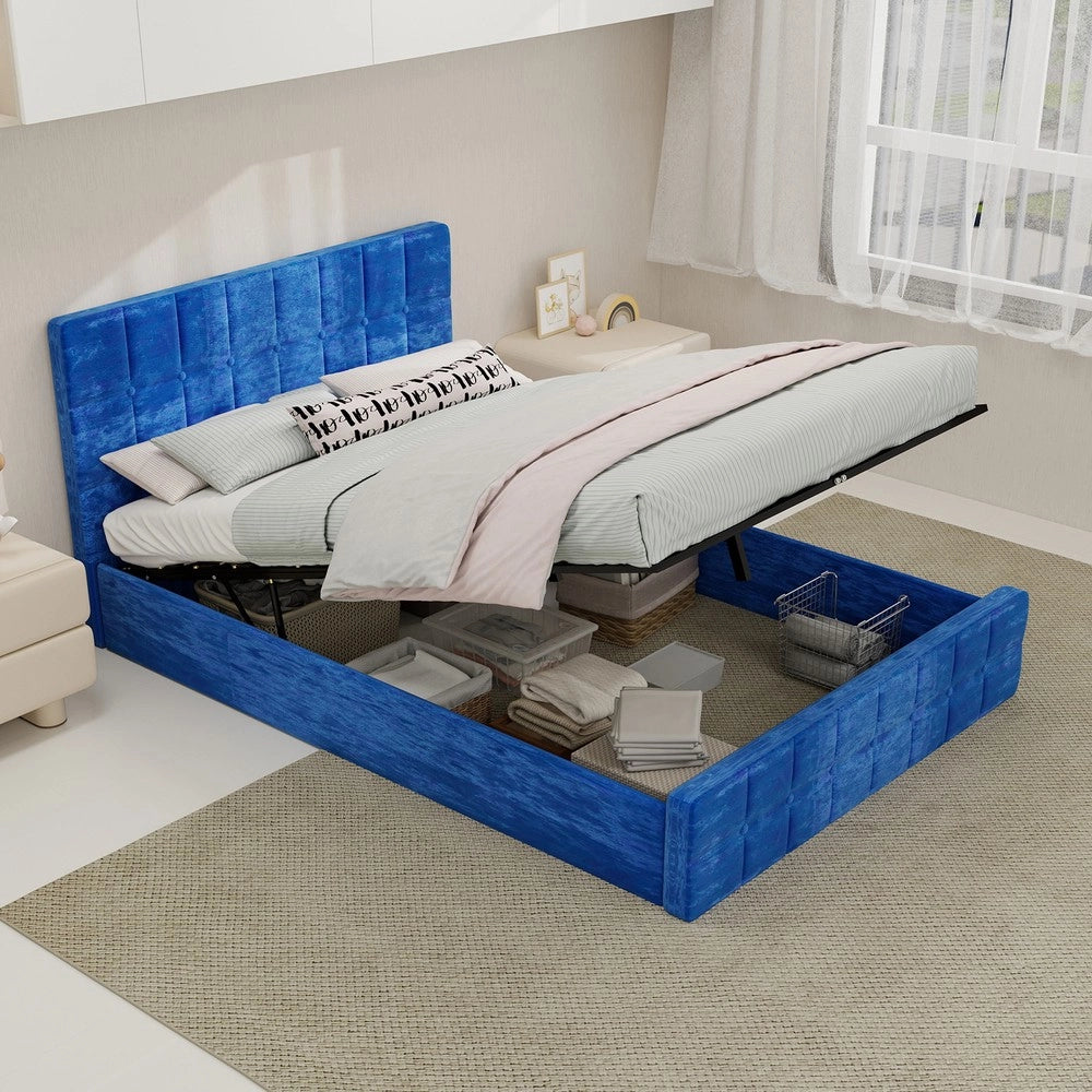 Letto imbottito contenitore con testiera ¨C Minimal ¨C blu velluto 140x200cm