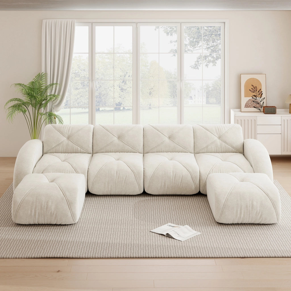 Divano modulare a U 358x171x76 cm in chenille beige chiaro con 2 pouf