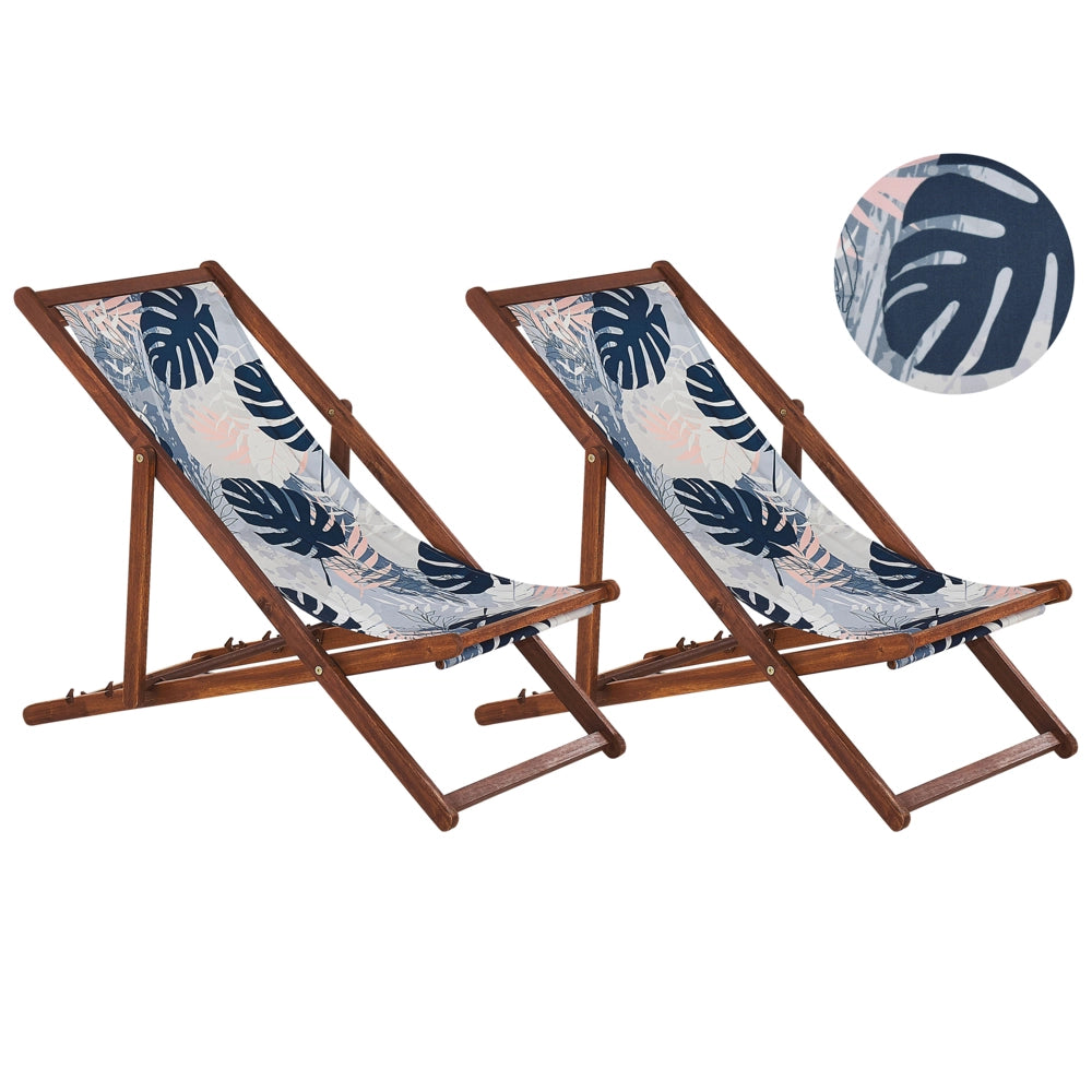 Set di 2 sedie a sdraio da giardino struttura legno acacia scuro con motivo a foglie di palma sedile reclinabile
