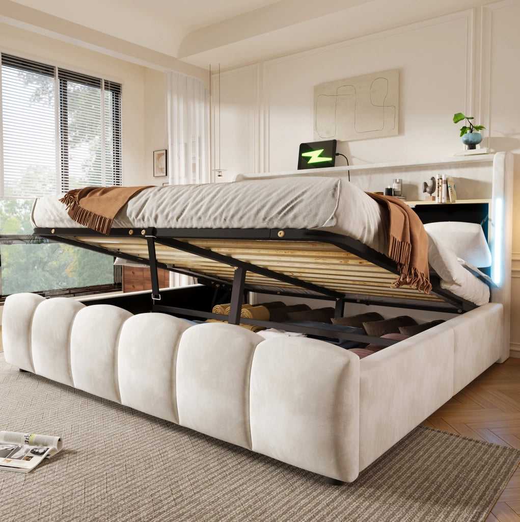Letto matrimoniale imbottito 180x200 cm in velluto beige con LED; contenitore e USB/Type-C