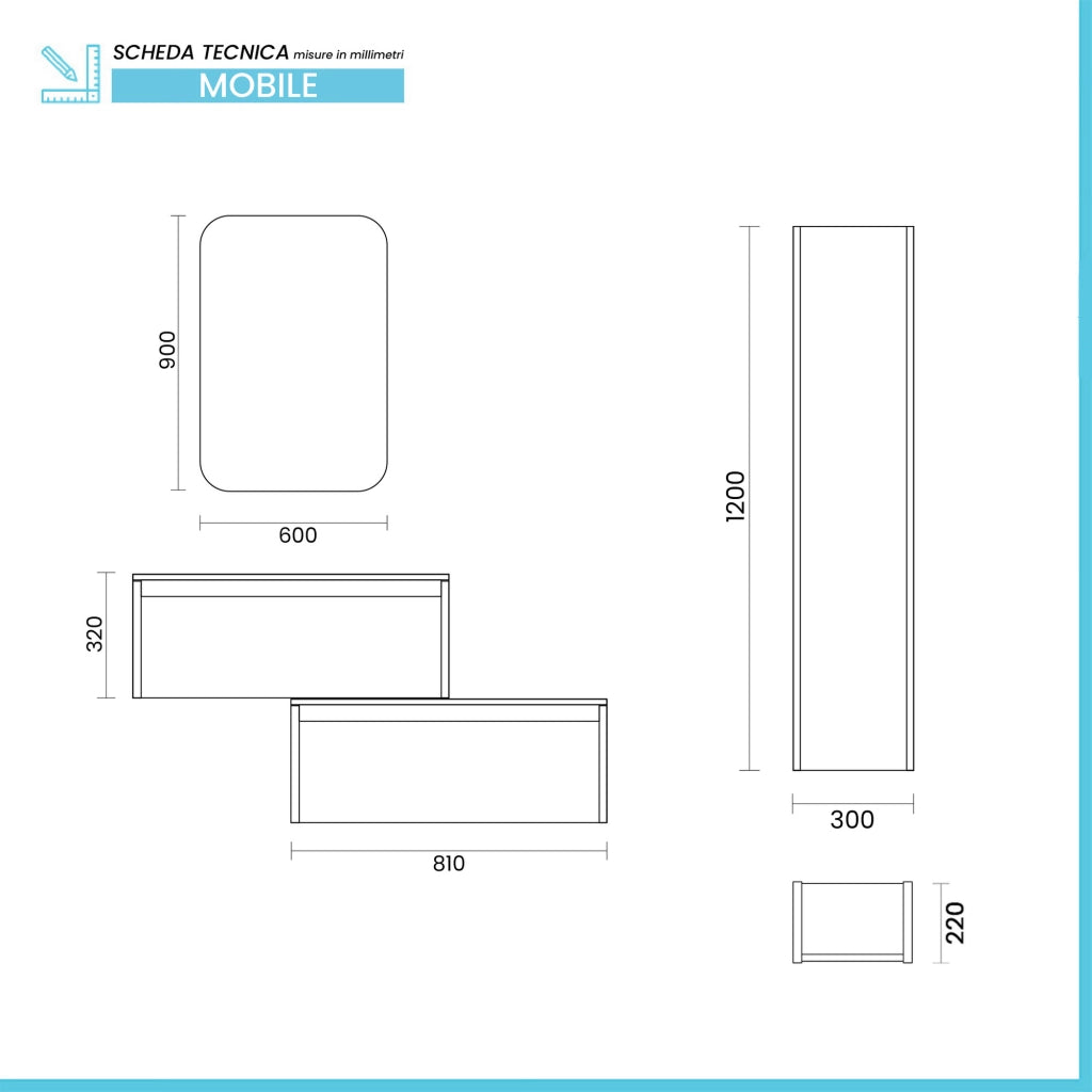 Mobile bagno sospeso 80 cm in legno tabacco e tortora 2 cassetti, colonna, lavabo e specchio Smok
