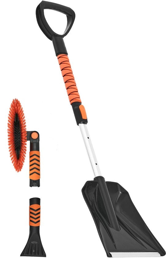Sneeuwschop e Borstello Expansibile, 107 cm, con 180° Rotazione della Testa, Scherbetta per Ghiaccio, Manico con Anti-Slittamento, Kit di Inverno Compatto per Auto, Trattori e SUV