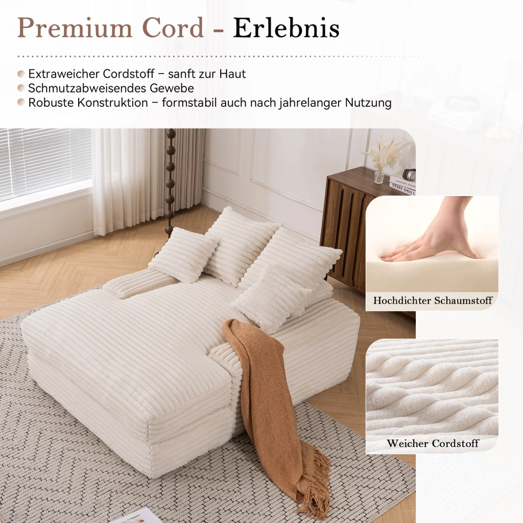 Méridienne in tessuto effetto corda con quattro cuscini rimovibili e supporto ergonomico beige 135 × 165 × 58 cm