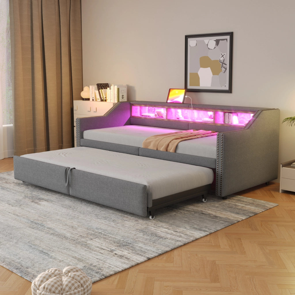 Divano letto imbottito estraibile 90/180 x 200 cm in lino grigio chiaro con vano laterale e USB