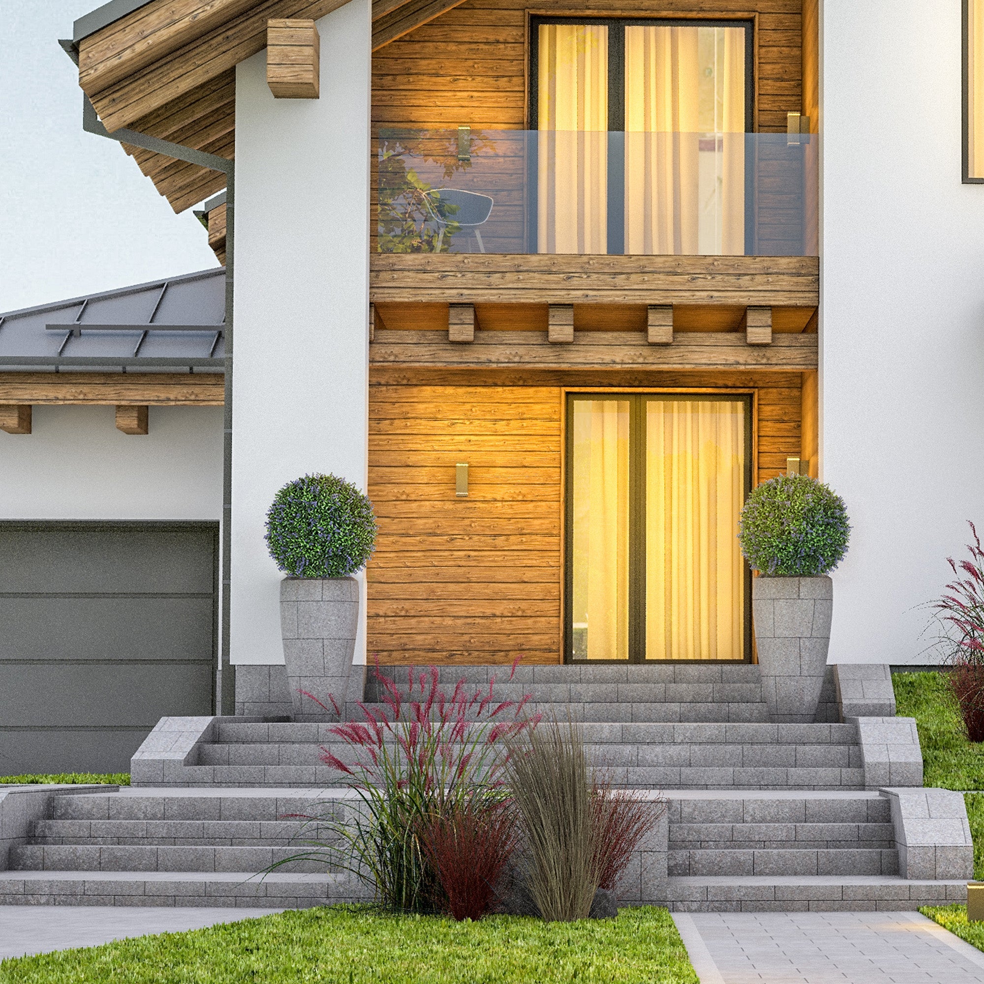 Set di 2 Piante Artificiali a Sfera Ø42 cm con Fiori di Lavanda per Casa e Giardino Verde e Viola
