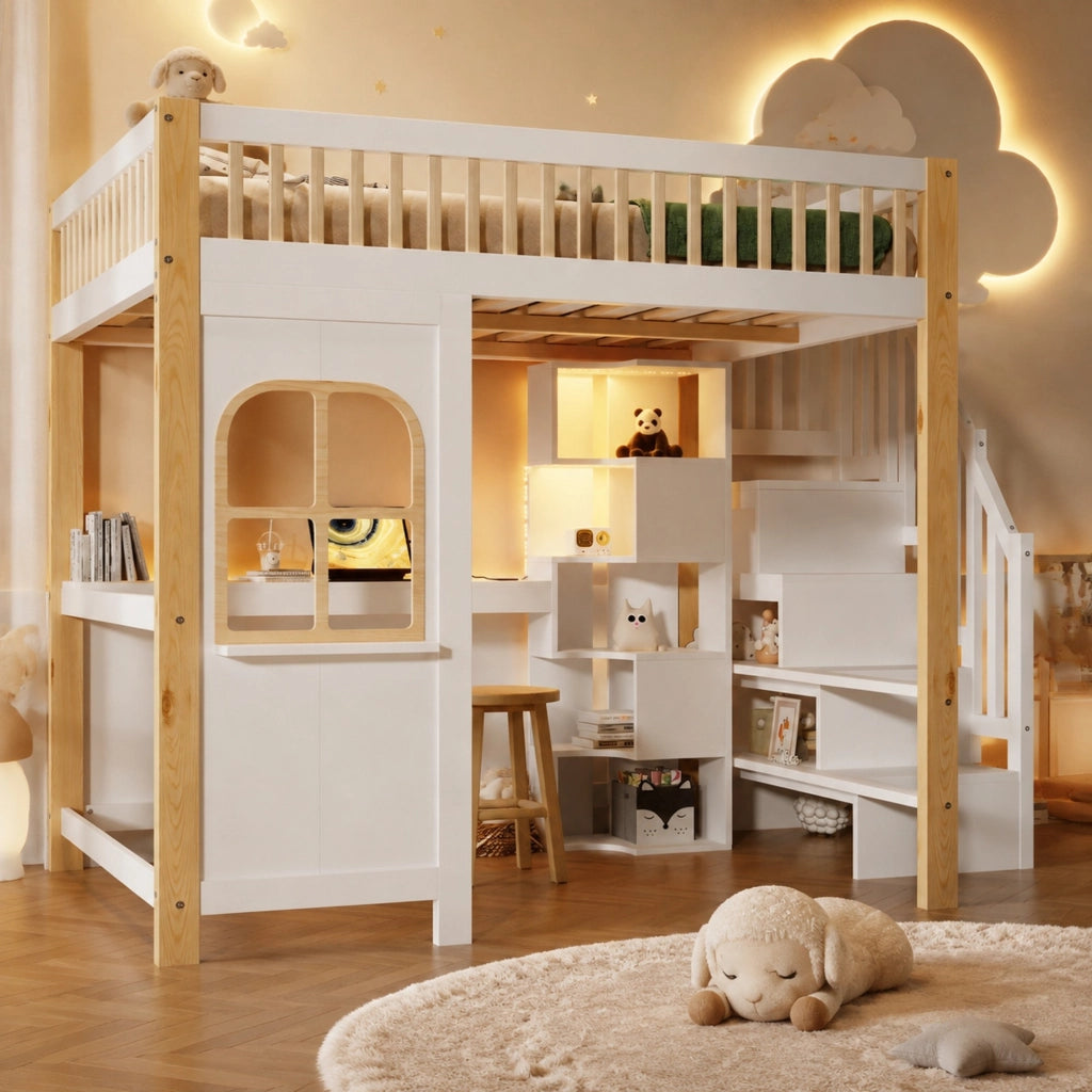 Letto a soppalco 140x200 cm con scrivania e LED bianco/naturale