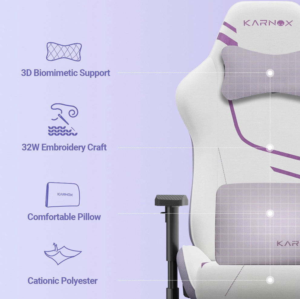 Sedia gaming ergonomica KARNOX in tessuto bianco e viola; reclinabile 90°-155°