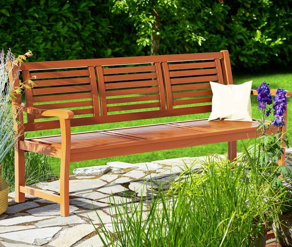 Panchina da giardino Bologna in Legno di Eucalipto Resistente 153x60x90cm Portata 480kg Panca da Esterno 3 Posti