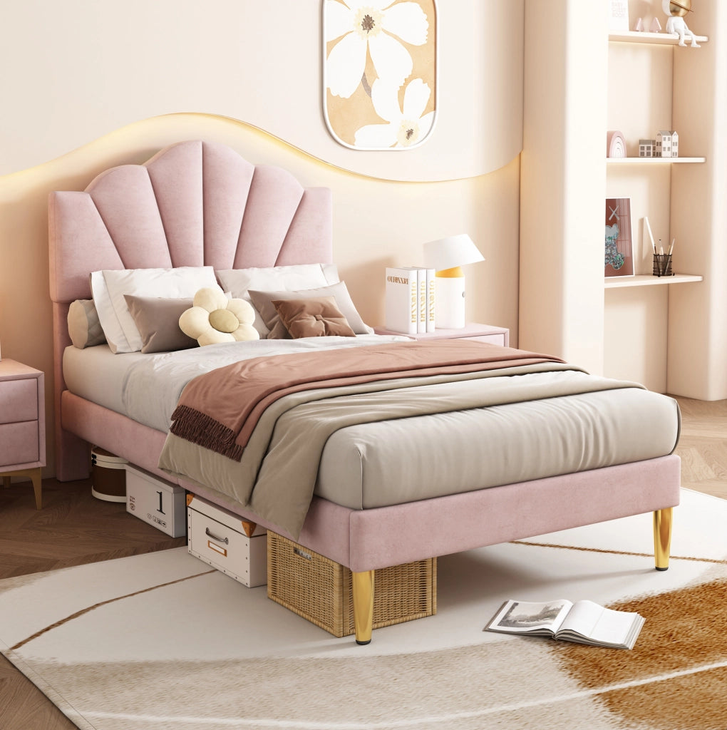 Letto imbottito in velluto rosa 90x200 cm con testiera regolabile e rete a doghe
