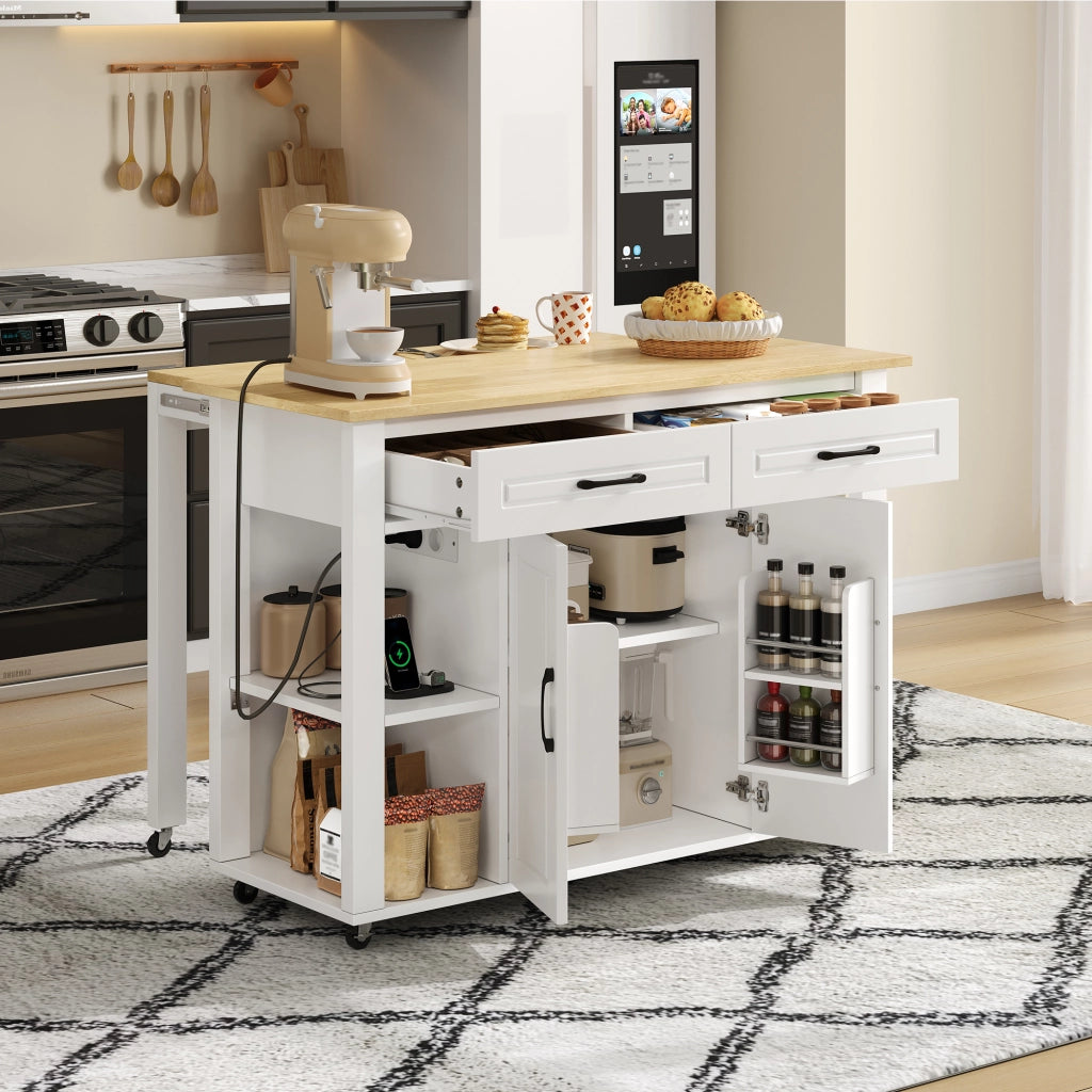 Isola Cucina Mobile Allungabile 120 cm ¨C MINIMAL ¨C con Cassetti, Ante e Presa Elettrica