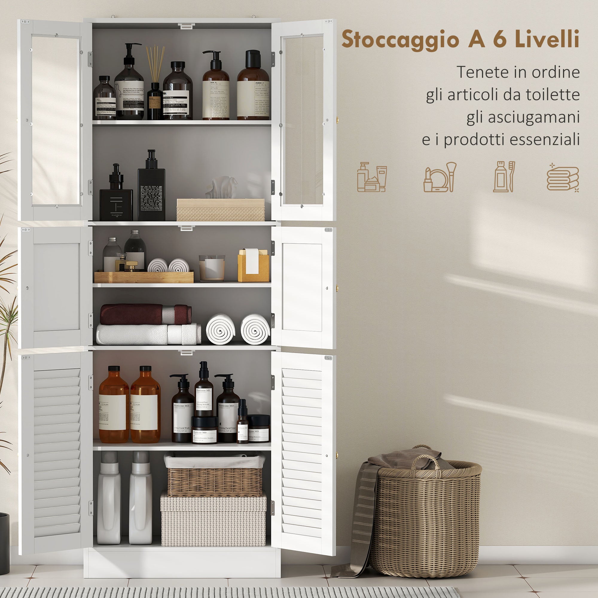 Mobile Bagno 60x30x170 cm con 3 Armadietti a 2 Ante in Vetro e Legno  Bianco