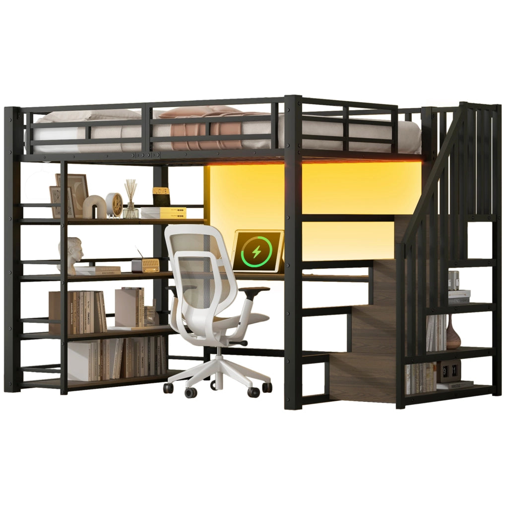 Letto a soppalco 140x200 cm in metallo con scrivania integrata; scaffali; LED e stazione di ricarica; nero