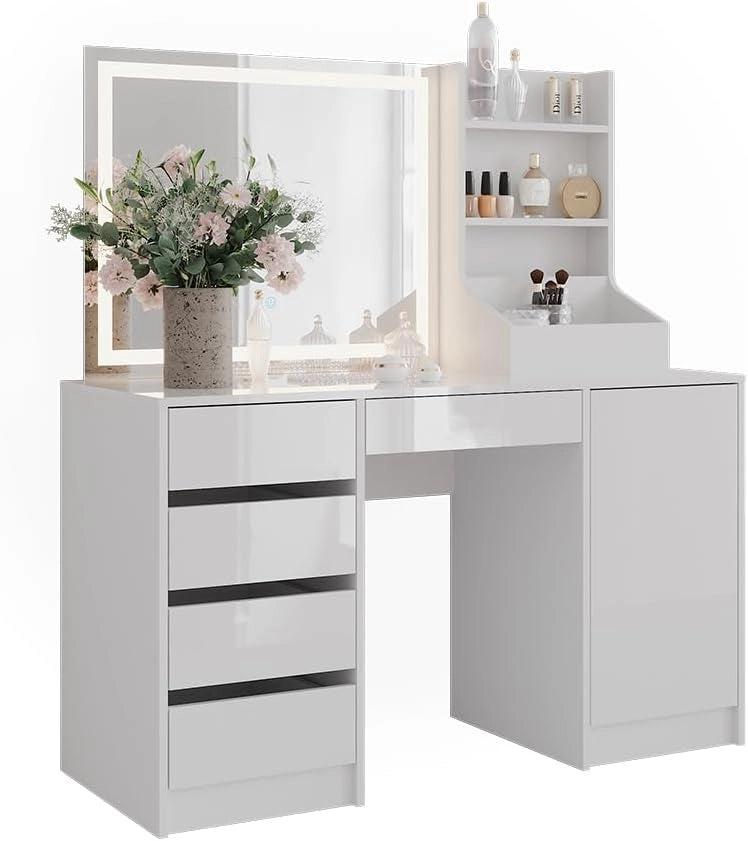 Tavolo da toeletta Sherry, Bianco/bianco lucido, 128.2 cm 4 parti