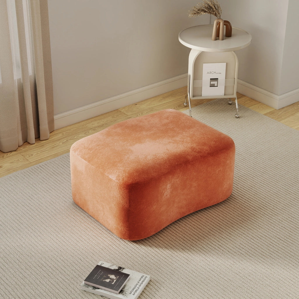 Divano modulare arancione in velluto con pouf collegabile senza montaggio