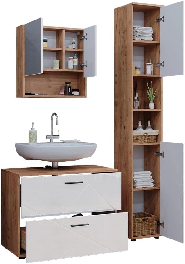 Set di mobili da bagno Irma, Bianco lucido/oro power oak, 80 cm, composto da mobile sottolavabo, specchiera e colonna alta