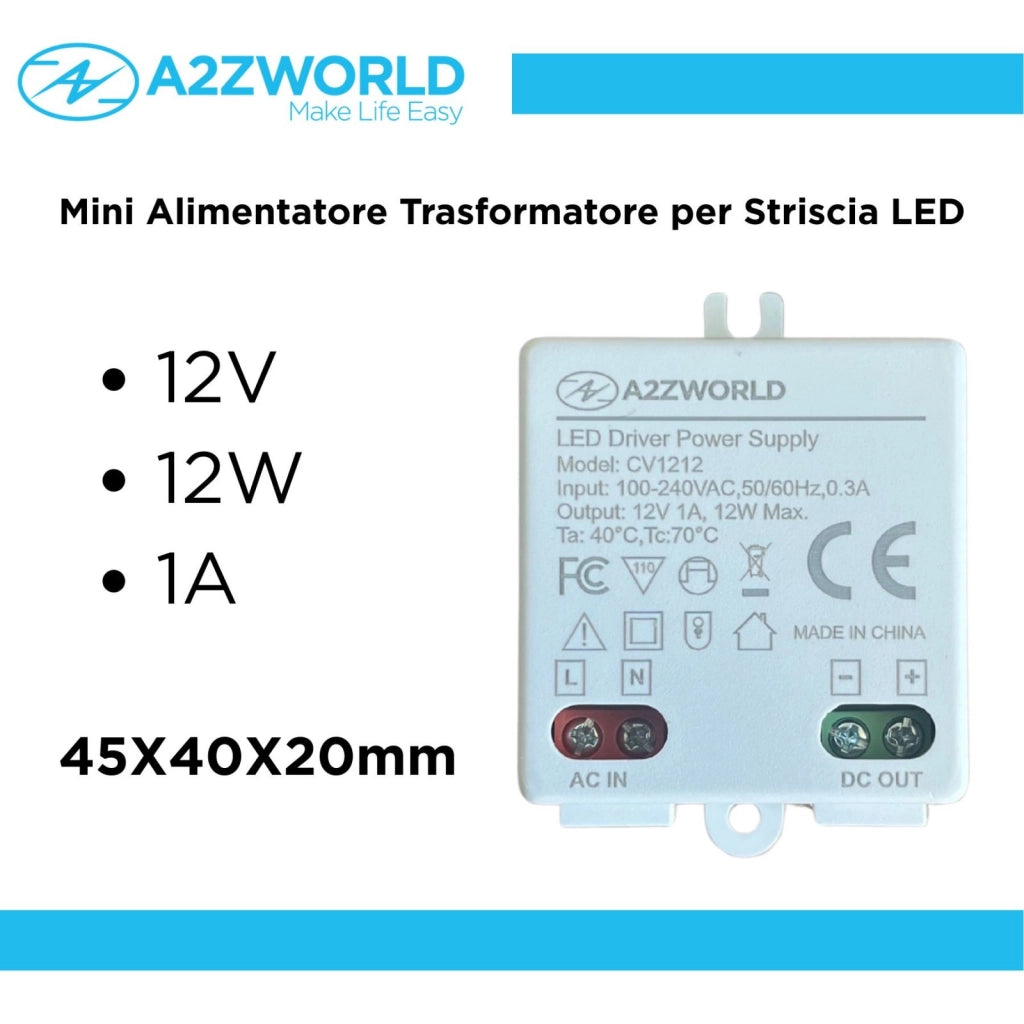 Mini Alimentatore Trasformatore 12V 12W 1A Per Striscia Led 45X40X20mm