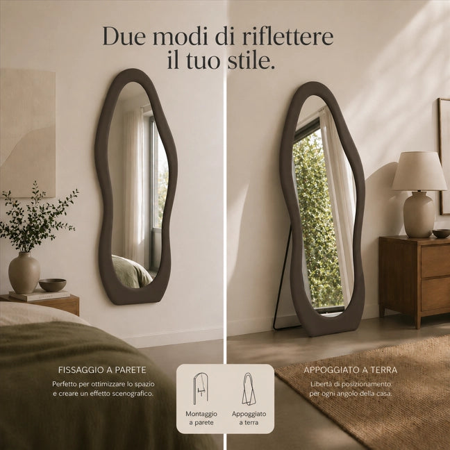 SPECCHIO ONDA IN VELLUTO MARRONE CON PIEDE E GANCI PER APPENDERE MISURE: 60X160 CM