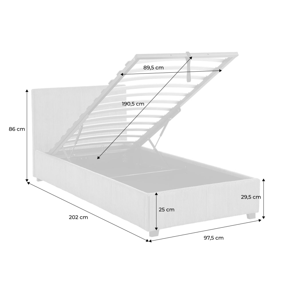 Letto con rete e testata pieghevoli 90x190cm, velluto a coste fini,