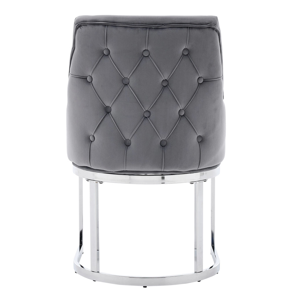 Set di 2 sedie da pranzo in velluto grigio e metallo argentato, schienale trapuntato, stile moderno