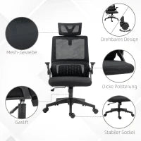 Sedia da Ufficio, Sedia da Scrivania, Sedia da Ufficio, Regolabile in Altezza, con Poggiatesta 58 x 61 x 119 cm, Nero