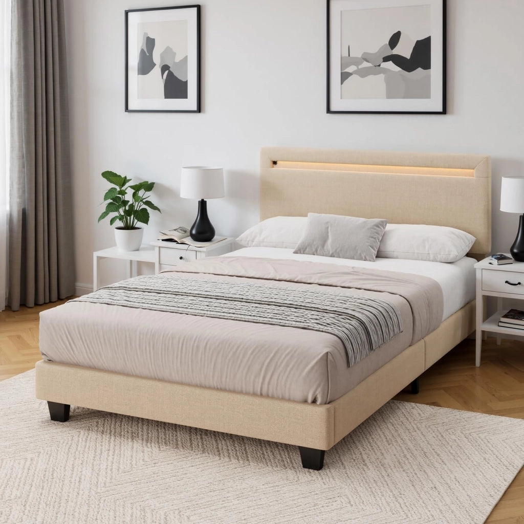 Letto imbottito 120x200cm con luce LED, Letto a piattaforma imbottito, Struttura in ferro, Testiera imbottita, Bse robusta, Adatto per camere degli ospiti (Beige)
