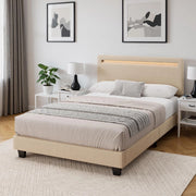 Letto imbottito 120x200cm con luce LED, Letto a piattaforma imbottito, Struttura in ferro, Testiera imbottita, Bse robusta, Adatto per camere degli ospiti (Beige)