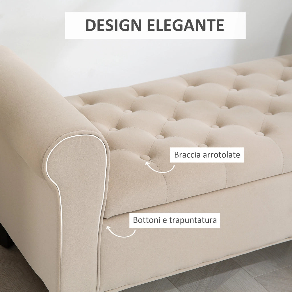 Panca Contenitore Fondoletto  126x48,5x57 cm con Braccioli Alti in Tessuto Effetto Velluto Beige