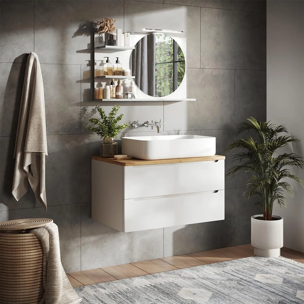 Specchio con mensola Avena, Bianco, 80 x 50 cm con 3 scomparti aperti, per montaggio a parete con illuminazione LED integrata