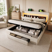 Letto matrimoniale 180x200 cm con contenitore idraulico, LED, USB e USB-C, beige
