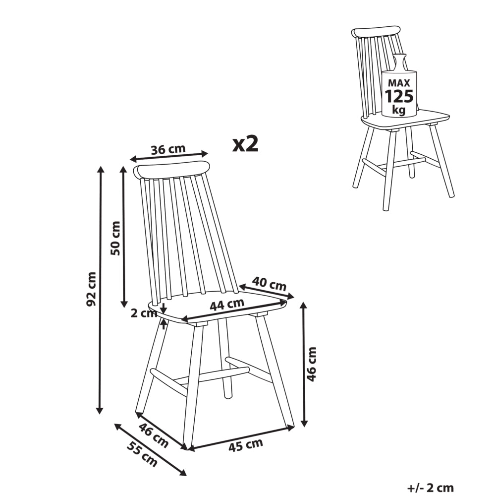 Set di 2 sedie da pranzo in legno di gomma marrone con schienale a doghe, sedie da cucina in stile rustico