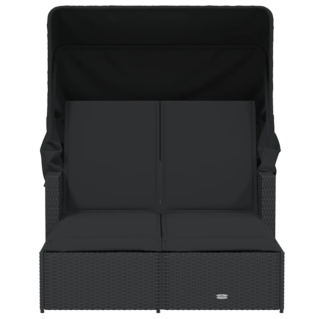 Lettino Prendisole Doppio Baldacchino e Cuscini Nero Polyrattan 365807