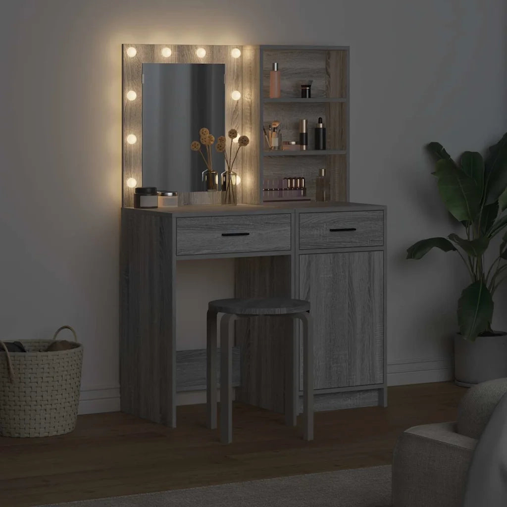 Set da Toeletta | Tavolo da Trucco con LED con porta 2 pz Grigio Sonoma