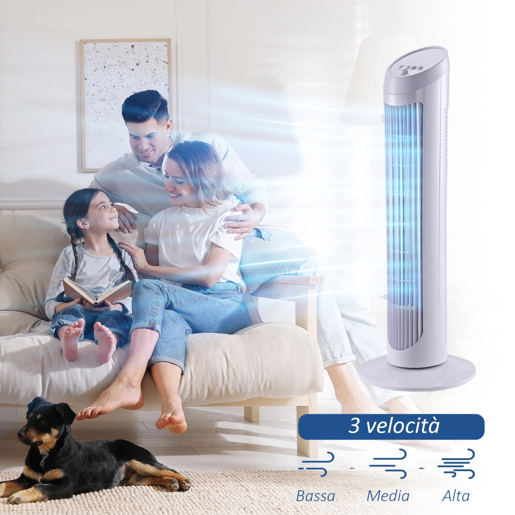 Ventilatore a Torre Oscillante da 45W a 3 Velocit¨¤, Ventilatore a Colonna in Plastica ABS, 27x27x75 cm, Bianco