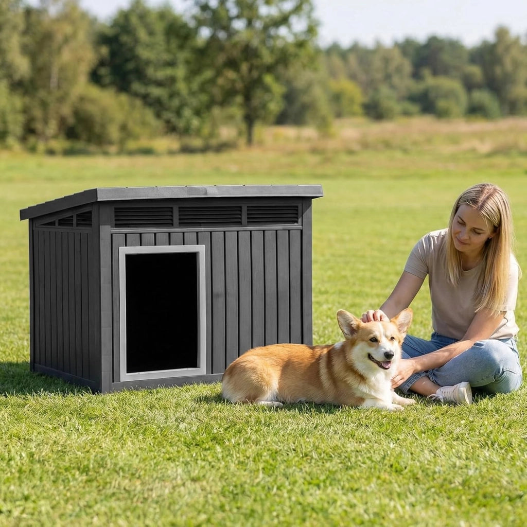 Cuccia per Cani, Cassetta per Animali Domestici in PP con Tetto Inclinato Apribile, Finestre Ventilate a Lamelle e Soglia Rialzata, Cuccia da Interna ed Esterna, 81 x 64 x 61 cm