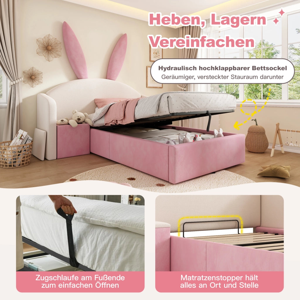 Letto imbottito con vano contenitore 90x190 cm velluto beige-rosa