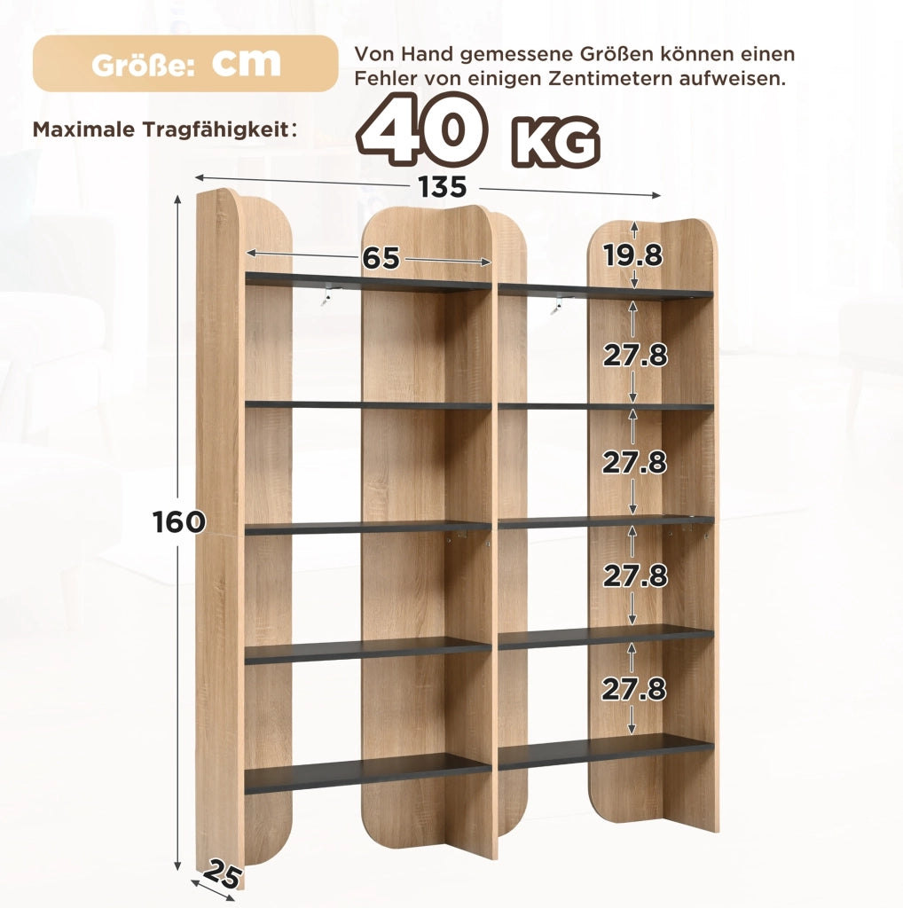 Libreria aperta 5 ripiani 135x25x160 cm naturale e nera