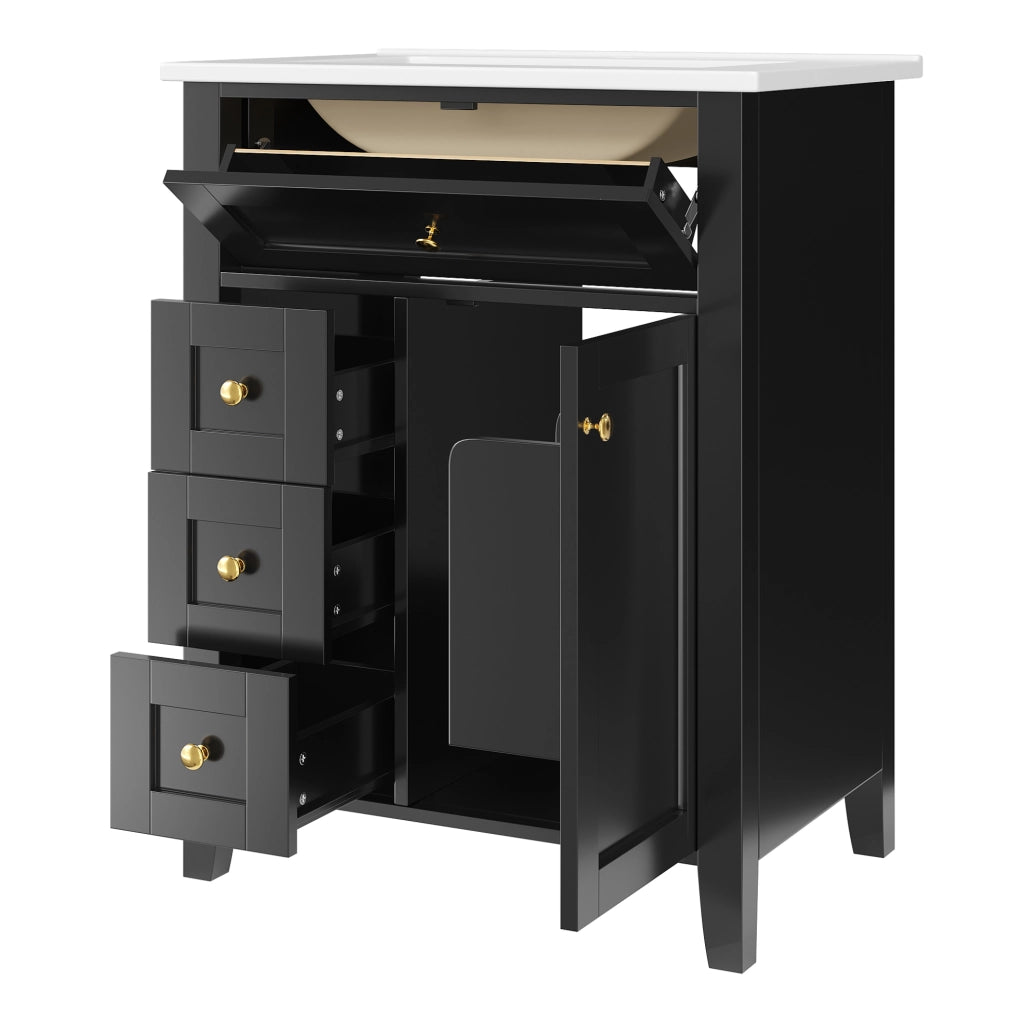 Mobile sottolavabo 61 cm con lavabo in ceramica, MDF nero lucido e 3 cassetti