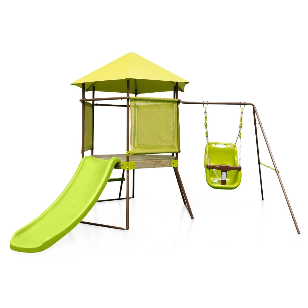 Set di altalene 4-in-1 con seggiolino regolabile in altezza scivolo e scala, Playset per bambini da esterno Verde-Altalene e dondoli