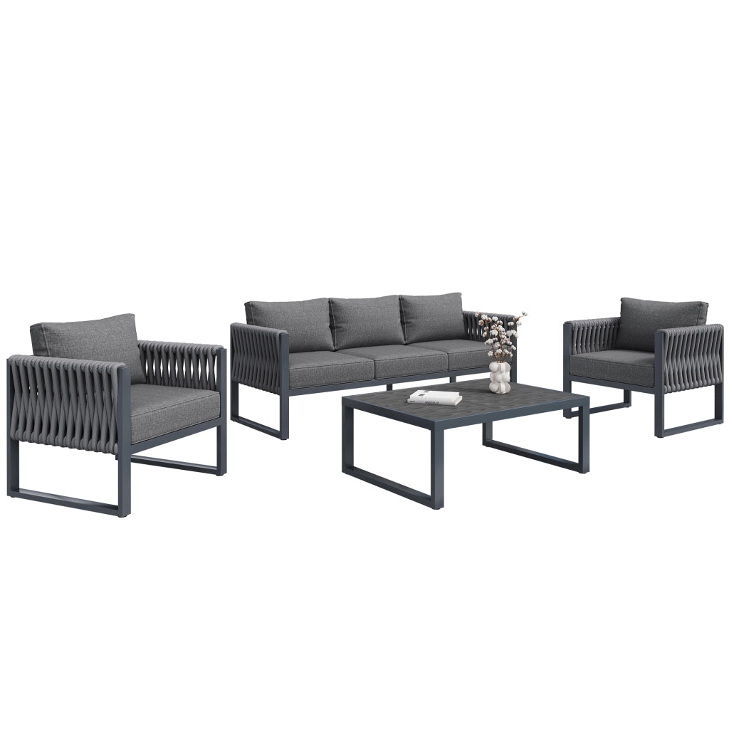 Set da giardino 5 posti - Zephmum - Piedi regolabili, cuscini, struttura in metallo inossidabile, Grigio