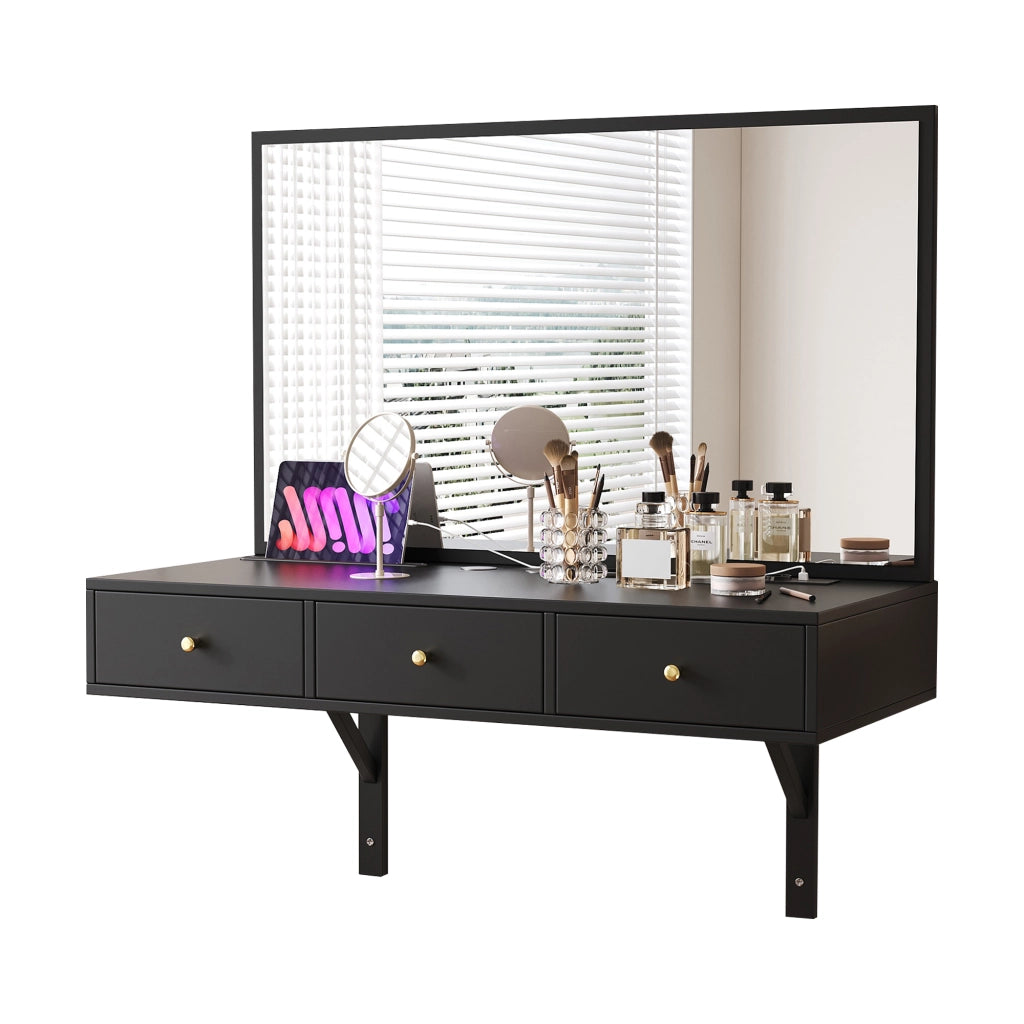 Scrivania Toeletta con Specchio, Cassetti e Prese ¨C MINIMAL ¨C Nero 100x105x45 cm